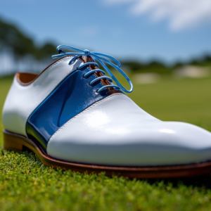 AMARETTO ? Bespoke Custom Made & Fitted Golf Shoes With Replaceable Screw-In Spikes ? WHITE & LIGHT BLUE