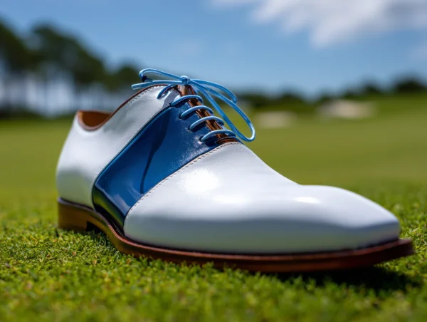 BespokeCustomMade_FittedGolfShoeinWhite_BluewithScrew-inSpikes-600x452